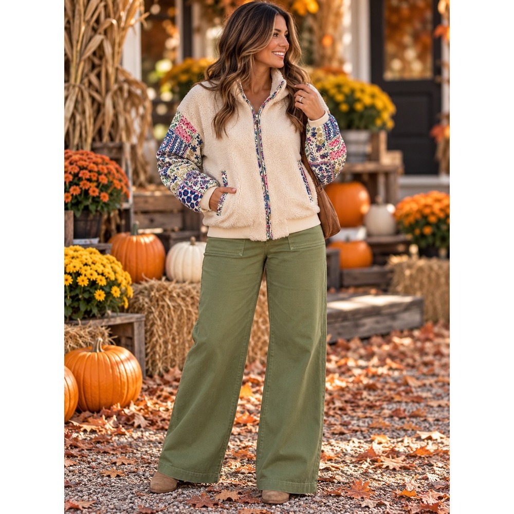 Hem & Thread Cream Sherpa Bomber Jacket with Floral Patchwork Sleeves Small